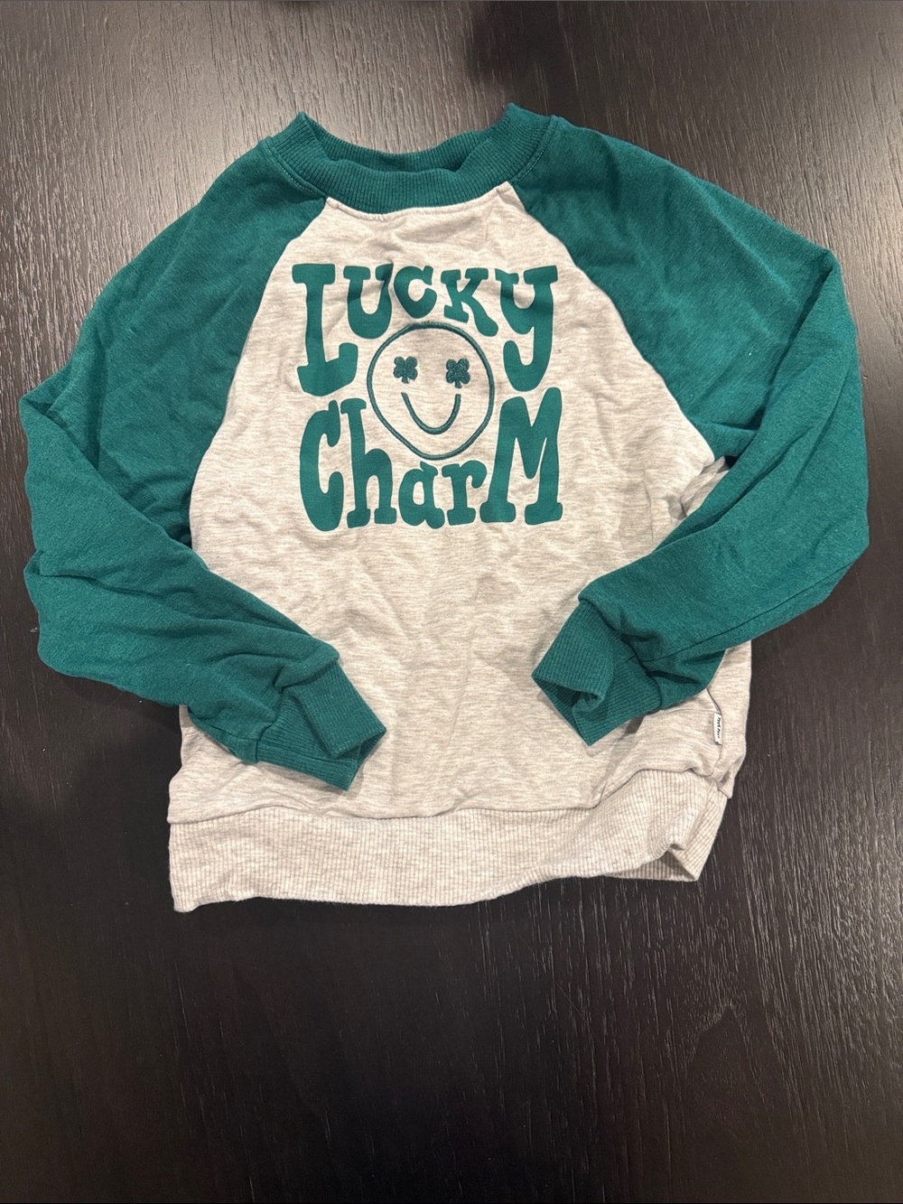 'Lucky Charm' Heather Gray & Teal Raglan Kids Sweatshirt